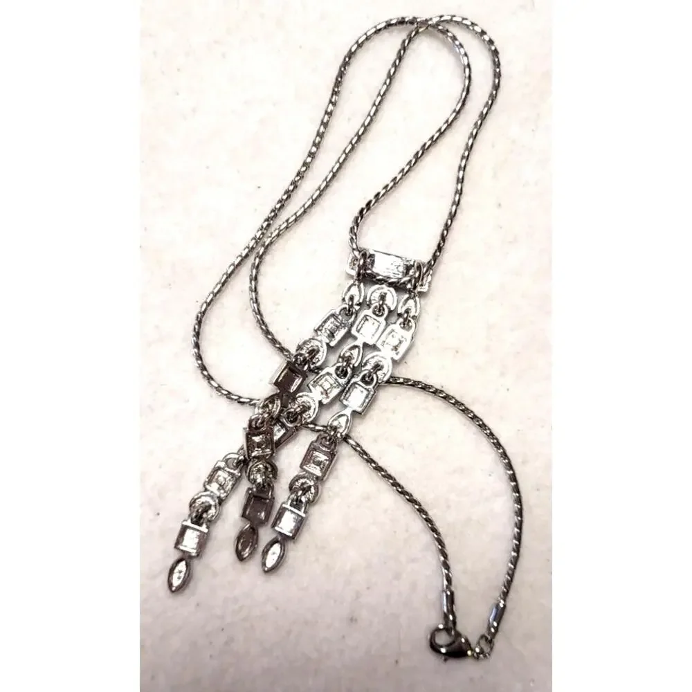 Vtg Blue Rhinestones Multi Panel Fringe Statement Pendant Necklace Silver Tone